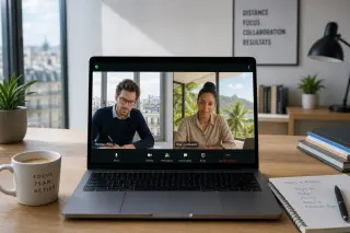 Visioconférence professionnelle entre deux personnes situées dans des bureaux à Paris et à La Réunion, chacun avec un décor distinctif, affichant un échange de travail organisé sur un ordinateur portable.